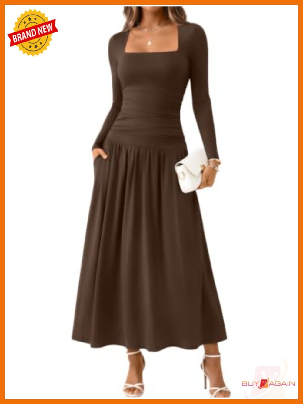 Womens Long Sleeve Maxi Dress Square Neck Drop Waist Pockets Wedding Guest